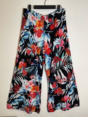 Sympli Wide Leg Floral Print Pants Size 14 Pull On Stretch Vacation Resortwear